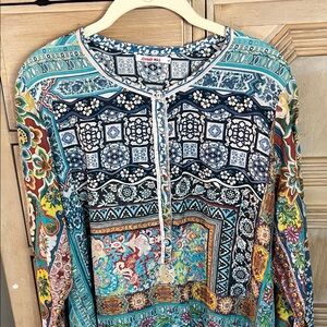 Johnny Was Teal Navy Multicolor Patchwork Henley Tunic